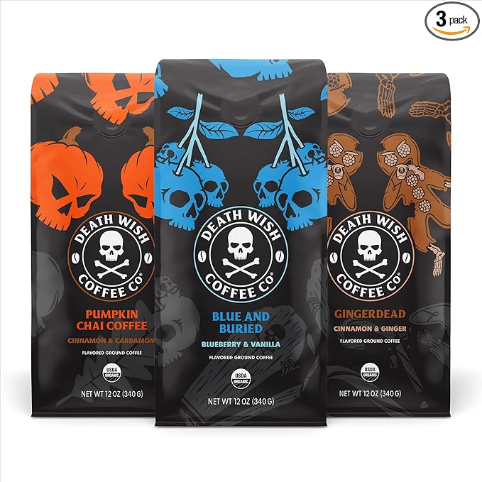 Death Wish Coffee Co. - Flavor Variety Pack - Flavored Coffee Grounds - Extra Kick of Caffeine - Pumpkin Chai Gingerdead and Blue &amp Buried (Flavor Variety Pack)