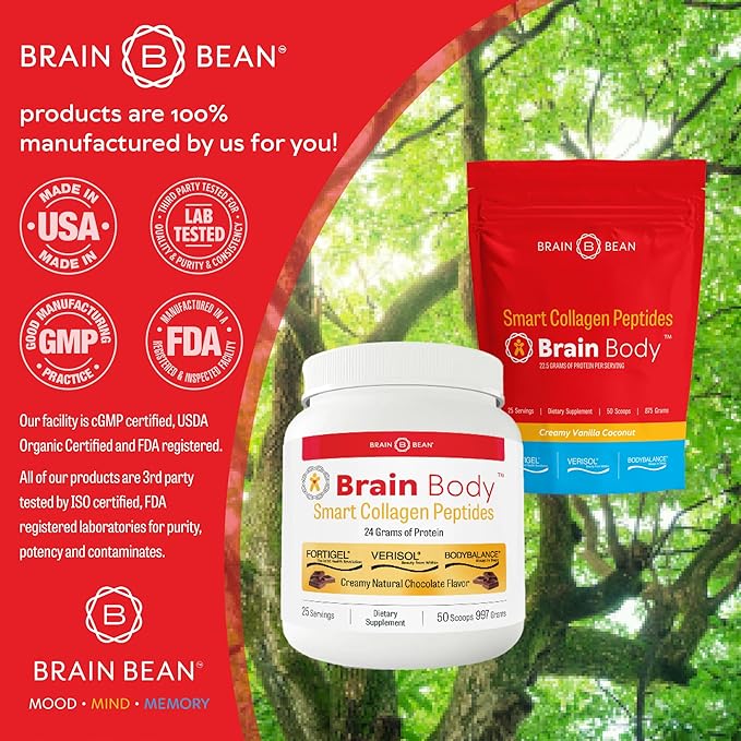 Brain Body Collagen Peptides Powder - Vital Protein &amp Collagen Supplement for Women &amp Men - Hydrolyzed Type I &amp III for Hair Skin Nails &amp Joint Health - 25 Servings - Creamy Vanilla