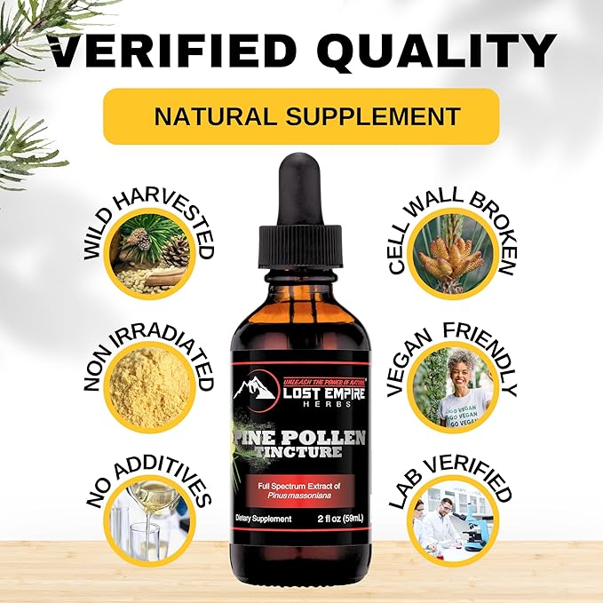 Lost Empire Herbs Pine Pollen Tincture Pine Pollen Liquid Extract for Testosterone - Alcohol Tincture is Superior for Better Absorption 3rd Party Lab Tested (2 Ounce)