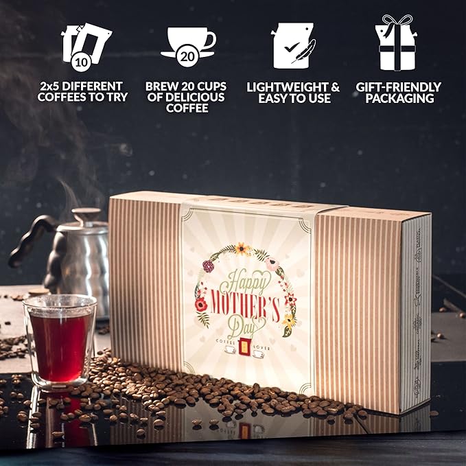 Mother’s Day Gift Box for Coffee Lovers - 10 of The World's Finest Single Estate Specialty &amp Organic Coffees | Brew &amp Enjoy Anytime Anywhere | Hamper Style Letterbox Gift Idea for Mom