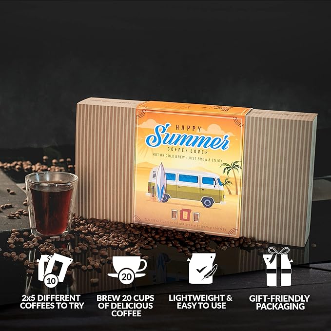Gourmet Summer Coffee Gift Set for Men &amp Women - 10 World's Finest Single Origin Specialty &amp Organic Coffees in Innovative Brewers | Sampler Box for Coffee Lover to Brew &amp Enjoy Anytime A