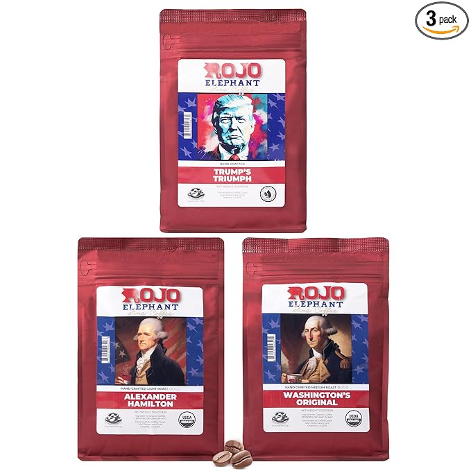Rojo Elephant Handcrafted Ground Coffee 11 0z Bags 3 Pack Trump's Triumph Alexander Hamilton Washington Original Prestige Pack