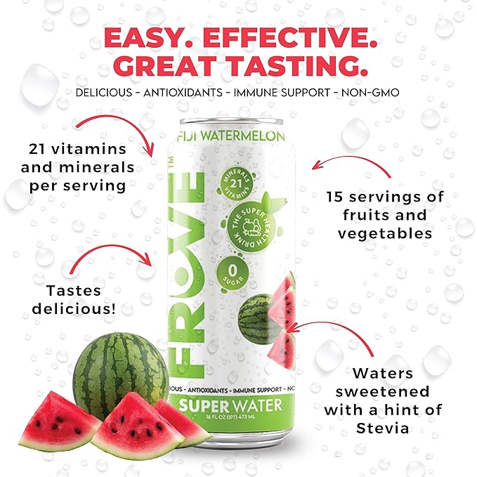 FrUve Super Water | Fiji Watermelon Flavor | 12 16oz Cans | Healthy Drink | Zero Sugar | Low Calorie Drink | Powerful Antioxidants | Boosts Immune System | NON-GMO | The Super Health Drink