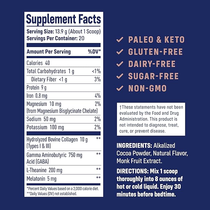 NativePath Collagen PM - Chocolate Nighttime Collagen Peptides Powder with Magnesium GABA L-Theanine and Melatonin - 20 Servings