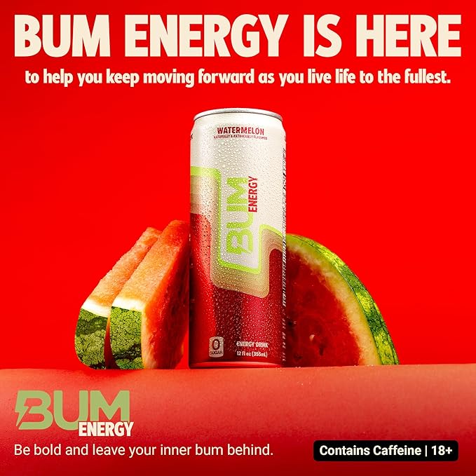 BUM Sugar-Free Energy Drink Watermelon - Lightly Carbonated &amp No Artificial Colors Natural Caffeine &amp Citicoline for Energy &amp Focus Brain Boost &amp Workout Sports Beverage - 12 oz Pa