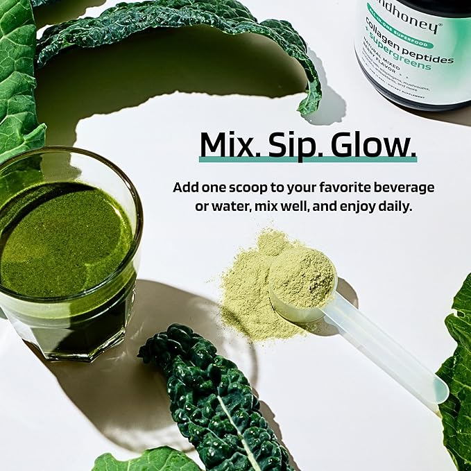MINDHONEY | Collagen Peptides + Super Greens | Premium All-in-One Superfood Powder | Gut Health Detox Hair &amp Skin Immunity | Collagen Peptides Super Greens Probiotics Adaptogens | 30 Serving