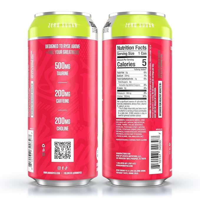 RYSE Fuel Energy Drink - Cherry Limeade - Sugar Free Gluten Free &amp Vegan - 200mg Natural Caffeine Taurine &amp Choline for Focus &amp Energy - No Artificial Colors - 16 fl oz Cans (12-Pack)