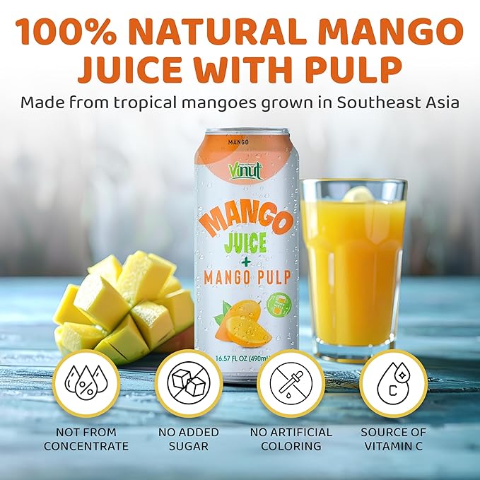 Vinut 100% Mango Juice with Pulp (16.57 fl oz Pack of 6) No Sugar Added All Nature Mango Juice Not From Concentrate Gluten Free GMO-Free High Calcium Iron