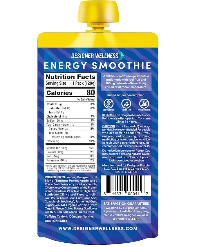 Designer Wellness Energy Smoothie Real Fruit 100mg Natural Caffeine 5g Protein Low Carb Zero Added Sugar Gluten-Free Blue Raspberry 12 Count