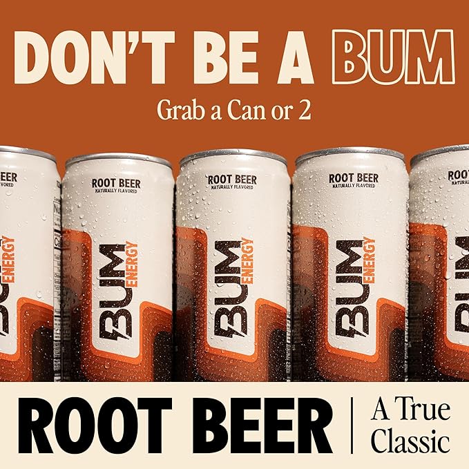 BUM Sugar-Free Energy Drink Root Beer - Lightly Carbonated &amp No Artificial Colors Natural Caffeine &amp Citicoline for Energy &amp Focus Brain Boost &amp Workout Sports Beverage - 12 oz Pac