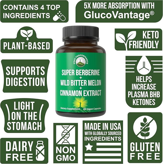 Ultra High Strength 4-in-1 Super Berberine Patented GlucoVantage + Wild Bitter Melon + Cinnamon Extract + Chromium Picolinate Vegan Capsules. Great Supplement to Support After-Meal Spikes and Energy