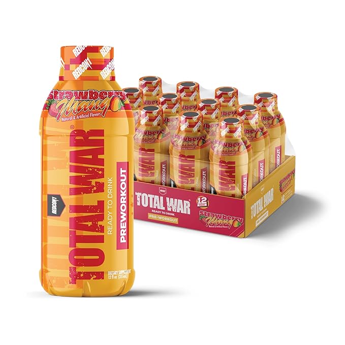 REDCON1 Total War Ready to Drink Pre Workout Strawberry Mango - Endurance Boosting Keto Friendly RTD Formula - Amino Acid + Citrulline Malate Pre Workout Drink for Men &amp Women (12 Servings)
