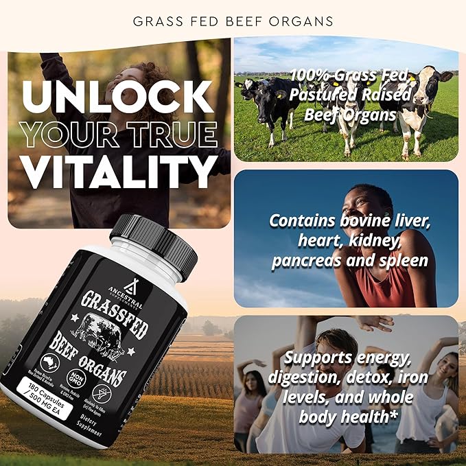 Ancestral Supplements Grass Fed Beef Organ Supplement Supports Whole Body Wellness with Proprietary Blend of Liver Heart Kidney Pancreas Spleen Freeze-Dried Beef Non-GMO 180 Capsules