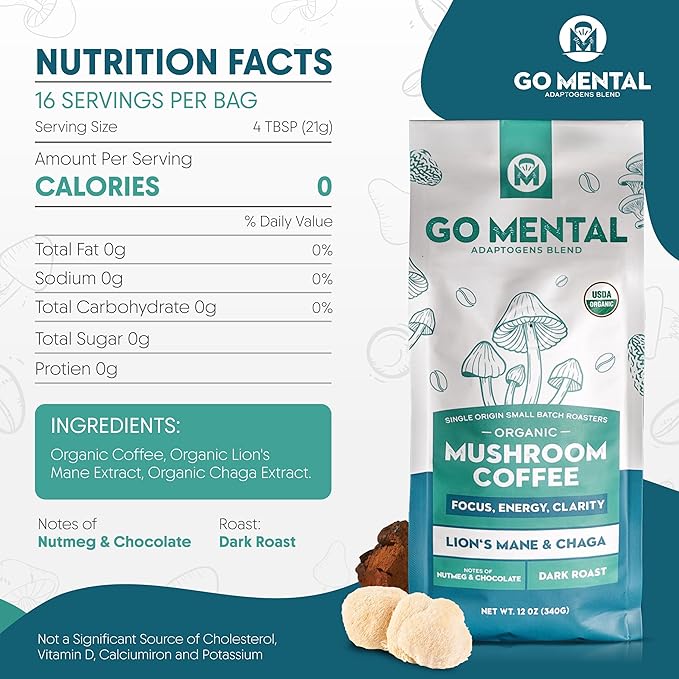 Organic Lion's Mane &amp Chaga Mushroom Coffee Ground Dark Roast Full Fruiting Bodies For Enhanced Brain Function Immune Support Wellbeing Grade 1 Single Origin 12oz - Ground
