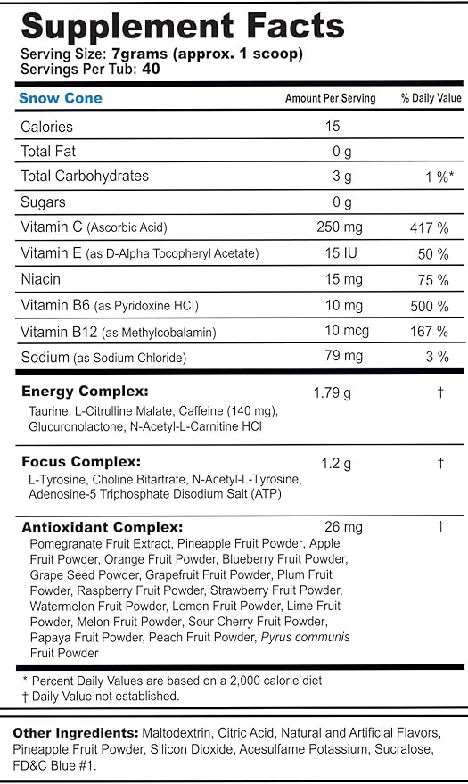 G Fuel Snow Cone Energy Drink Powder Pre Workout Caffeine Mix for Gaming Sugar Free Focus Amino Vitamin + Antioxidants 9.9oz (Snow Cone 40 Servings)