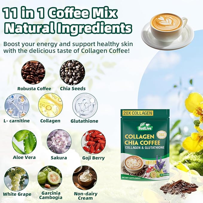 20X Collagen Chia Coffee 11 in 1 Chia Coffee Mix with Collagen &amp Chia Seeds Goji Berry Supports Hair Skin &amp Nails Sugar Free Vegan Gluten-Free 30 Servings 2PACK