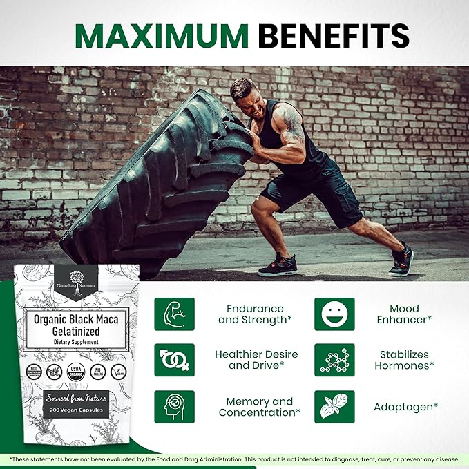 Organic Gelatinized Black Maca – 3X Stronger 200 Capsules for Men &amp Women Natural Energy Supplement for Focus Performance Stamina &amp Endurance Mood Enhancement and Stability Mental Clarity