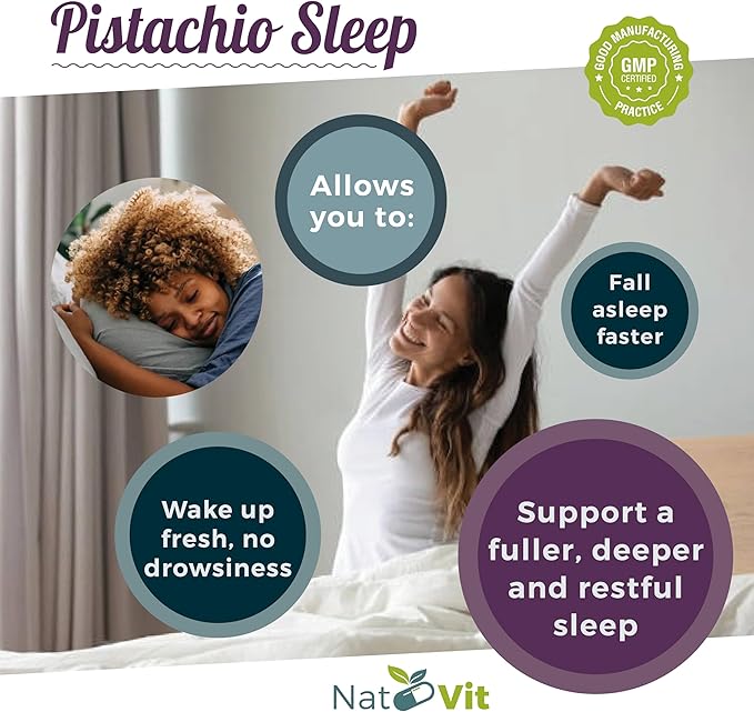 Pistachio Sleep/Unique Natural Sleep Aid Supplement/Natural Melatonin/Fall Asleep Faster/Deeper and Longer Sleep/No Drowsiness / 30 Vegan Capsules