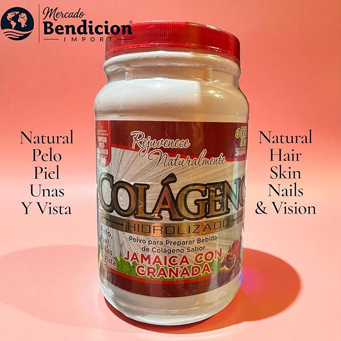 Cosmo Natural Hydrolyzed Collagen Powder Enhancer Hibiscus &amp Pomegranate Flavor 2.2lbs with Vitamins A B1 B2 B3 B6 C Natural Drink Mix ShakesSmoothies Jamaica con Granada