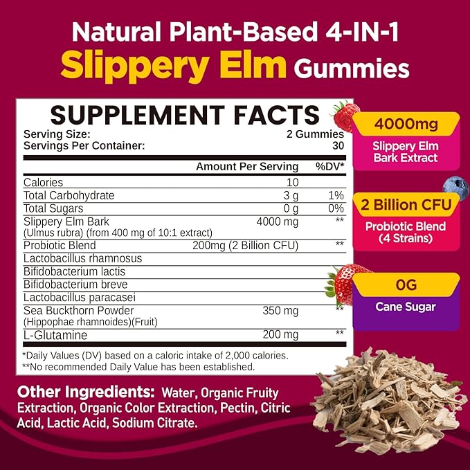 Slippery Elm for Women Gummies Organic Slippery Elm Bark Extract with Probiotics Sea Buckthorn L-Glutamine for Gut &amp Digestive Health Throat &amp Respiratory Support Sugar Free Vegan 60 Gu