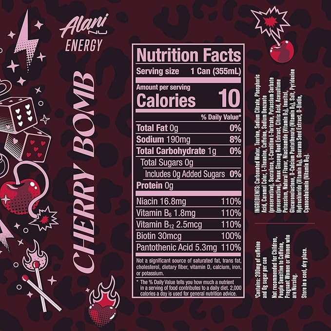 Alani Cherry Bomb Energy Drink Sugar Free Low Calorie Energy Drinks - 12 fl oz Can 6 Pack