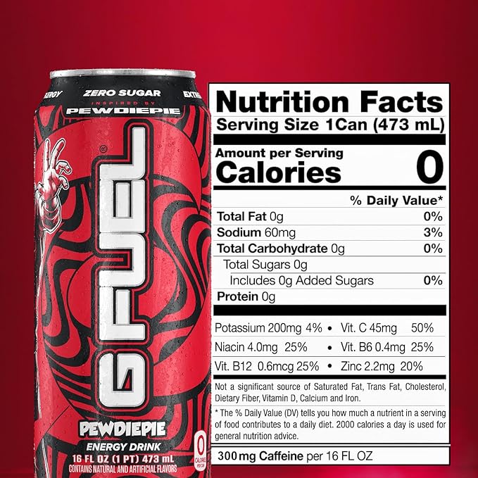 G Fuel Energy Drink Lingonberry Sugar Free Beverage with 300mg Caffeine Daily Energy Boost with Focus Amino Vitamin + Antioxidants 16 oz Cans (PewDiePie 12-Pack)