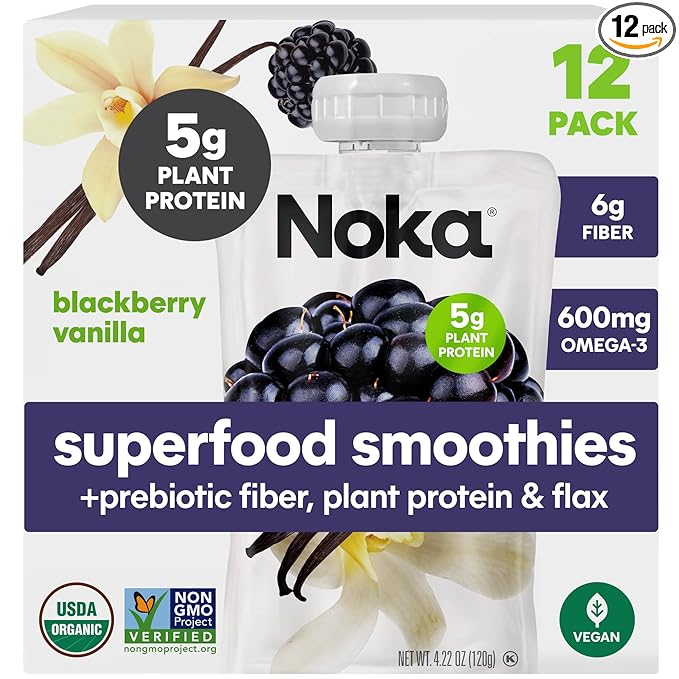 Noka Superfood Fruit Smoothie Pouches Blackberry Vanilla Healthy Snacks with Flax Seed Plant Protein and Prebiotic Fiber Vegan and Gluten Free Snacks Organic Squeeze Pouch 4.22 oz 12 Count