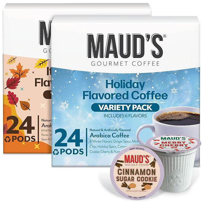 Maud’s Holiday &amp Fall Flavored Coffee Pods Variety Pack Bundle 48ct 11 Assorted Seasonal Flavors Medium Roast Coffee in Single Serve Pods 100% Arabica Coffee Compatible with Keurig K Cups Make