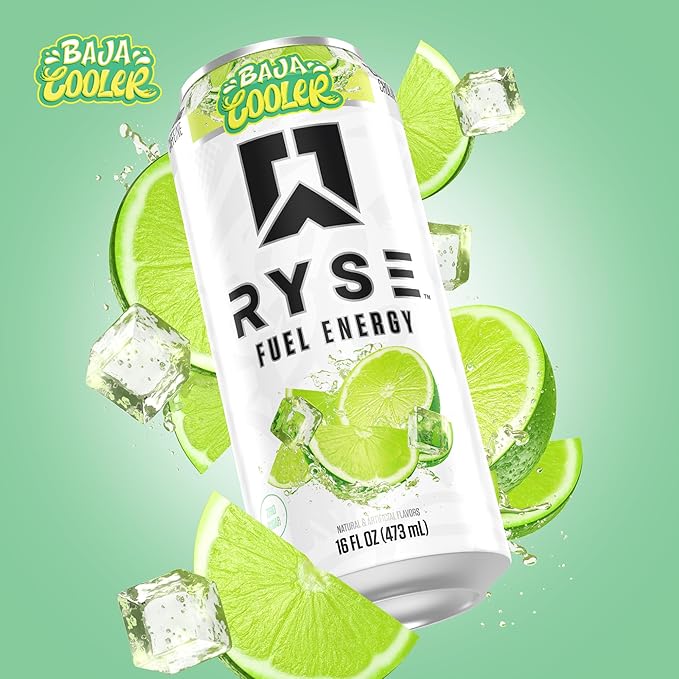 RYSE Fuel Energy Drink - Baja Cooler - Sugar Free Gluten Free &amp Vegan - 200mg Natural Caffeine Taurine &amp Choline for Focus &amp Energy - No Artificial Colors - 16 fl oz Cans (12-Pack)