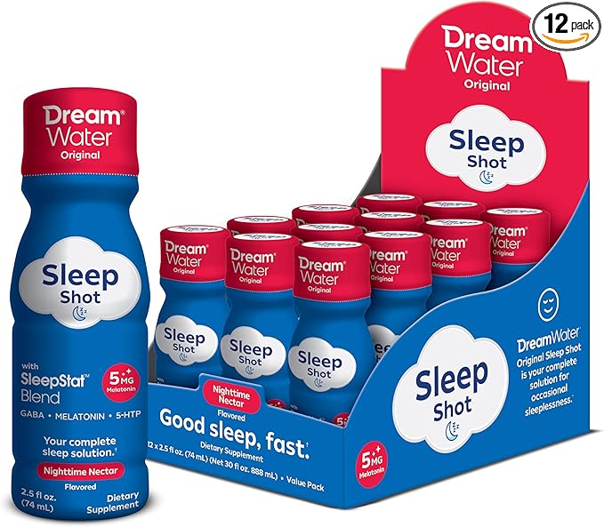 Dream Water Sleep Aid Supplement Drink Melatonin 5mg GABA 5-HTP Zero Sugar Natural Flavors No Added Colors 2.5 oz Liquid Sleep Shots Nighttime Nectar 12-Count
