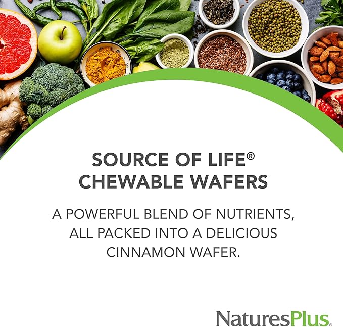 NaturesPlus Source of Life Adult’s Chewable Apple Cinnamon - 90 Wafers - Multivitamin &amp Mineral Supplement - Immune &amp Digestive Health Support with Vitamin D3 - Gluten Free Vegetarian - 45 S