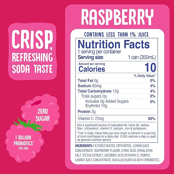 Cove Probiotic Soda Zero Sugar Better-For-You Alternative - Refreshing Delicious Probiotic Drink No Synthetic Colors &amp Caffeine Free - Raspberry 12 Pack