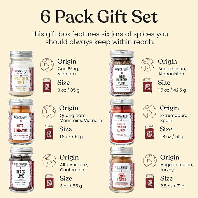 Burlap &amp Barrel 6-Pack Spice Gift Set – 6 Full-Size Jars of Favorite Spices for the Curious Cook – Includes Cinnamon Garlic &amp More Seasonings - As Seen On Shark Tank