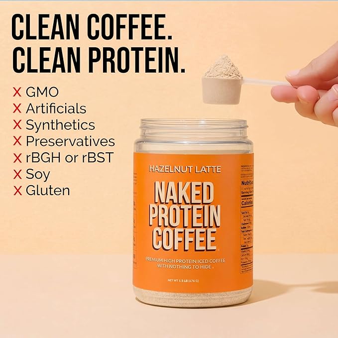 NAKED Hazelnut Latte Protein Coffee - Premium Colombian Iced Coffee Protein Shake Drink Delicious Keto Friendly and Gluten Free 17 Servings
