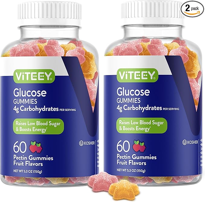 Viteey Glucose Gummies - 4g of Carbohydrates - Fast Acting Alternative to Glucose Tablets - Energy and Blood Sugar Support - Vegan Gluten Free Gelatin Free - 120 Count