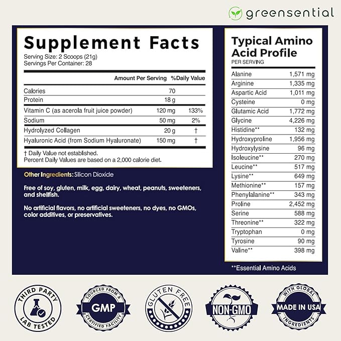 Collagen Peptides Plus Powder 21 OZ | + Vitamin C &amp Hyaluronic Acid | Type I &amp III Grass-Fed | Hair Skin Nail &amp Joint Support | 3rd-Party Certified Easy-Mix Unflavored 28 Servings