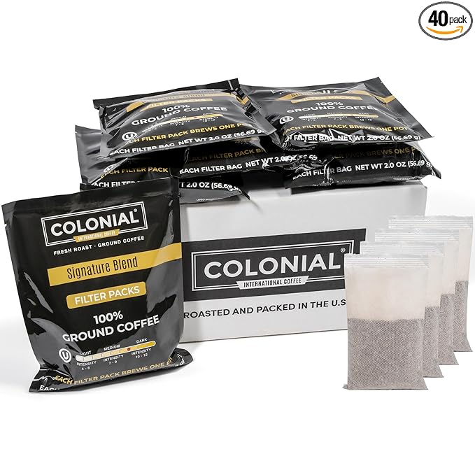 Colonial Coffee Ground Coffee Filter Portion Packs 2 Ounce (Pack of 40) 100% Arabica Breakfast Blend Medium Roast Gourmet Bulk Packets for 10-12 Cup Drip Maker