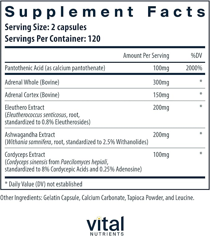 Vital Nutrients Adrenal Support - Adrenal Support Supplements for Gland Function and Cortisol Management - Supports Energy and Stress Levels - Gluten Dairy Soy Free - 240 Capsules