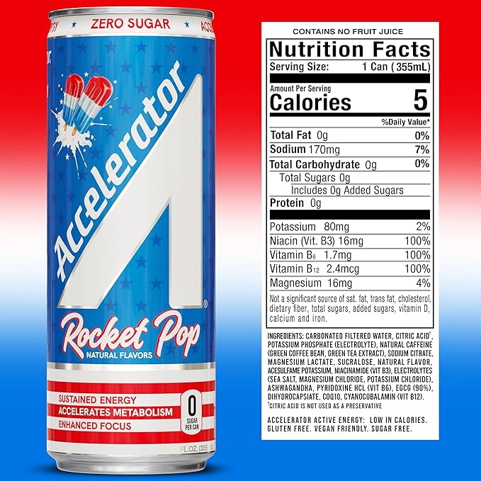 Accelerator Energy DrinkRocket Pop 12oz canZero SugarSustained Energy from 100% Natural Caffeine (200mg from Green Coffee Bean &amp Green Tea extract)(Pack of 24)