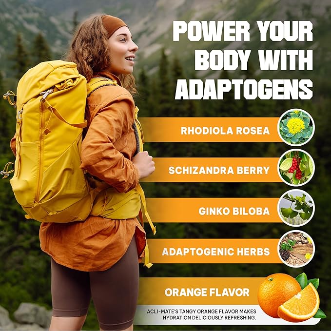 Acli-Mate Mountain Sport Drink Mix - High Altitude Acclimatization Electrolyte Powder Packets - Energy Drink Mix - Recovery Hydration Packet for Running Hiking Cycling Travel &amp More (30 CT Ora
