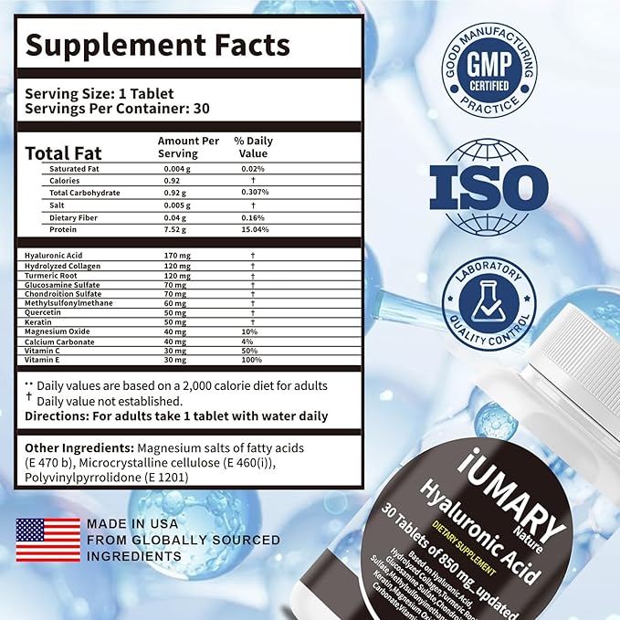 Hyaluronic Acid Supplements 850mg High Bioavailable Dietary Hyaluronic Acid - Advanced Joint Support with Hydrolyzed Collagen Turmeric Glu-cosamine MSM Vitamin C – 30 Tablets（Pack of 1）