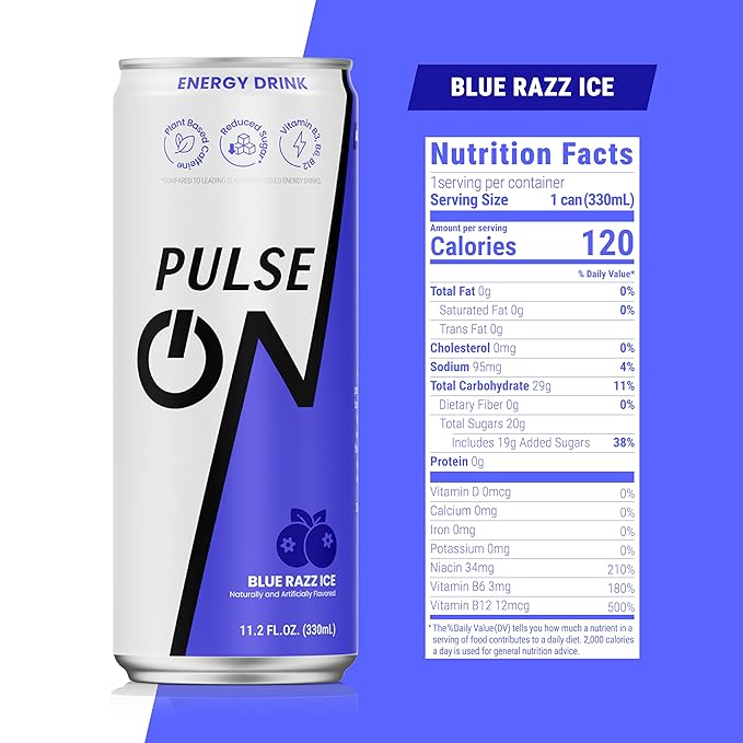 PulseOn Energy Drink- 200mg Natural Caffeine Taurine and Vitamin B|Blue Razz Ice Reduced Sugar 11.2 fl oz((Pack of 24)