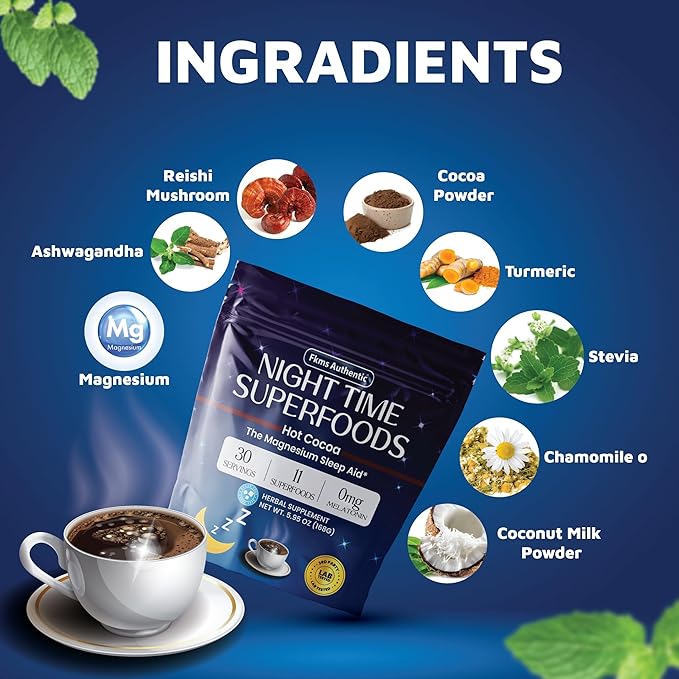FKMS Authentic Nighttime Magnesium Hot Cocoa Calming Melatonin-Free Sleep Support Natural Sleep Aid Drink Mix for men &amp Woman - Hot Chocolate Powder with L-Theanine Chamomile and Zinc Magnesiu