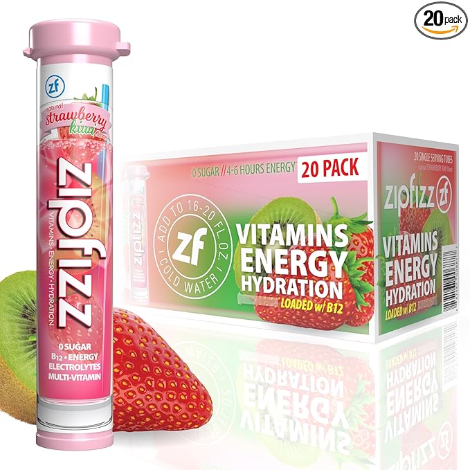 Zipfizz Daily Energy Drink Powder Strawberry Kiwi 20 Pack | 3-in-1 Sustained Energy Rapid Hydration and Essential Vitamins | Sugar-Free | Electrolyte Powder | Contains Vitamin B-12 &amp Antioxida