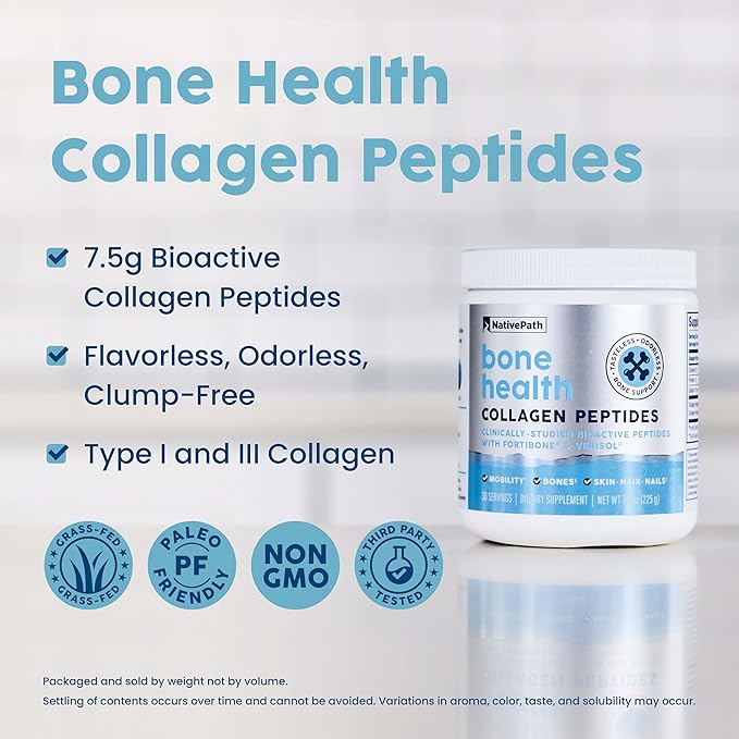 NativePath Bone Health Collagen Peptides Type 1 &amp 3 with Fortibone and Verisol 7.9 Ounce 30 Servings (Pack of 2)