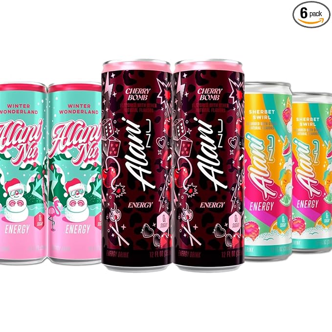 New Alani Energy Drinks Cherry Bomb Winter Wonderland Sherbet Swirl Variety Pack Sugar-Free Low-Calorie 200mg Caffeine Energy Boost Drink 12 fl oz (Pack of 6) (Packaging May Vary)