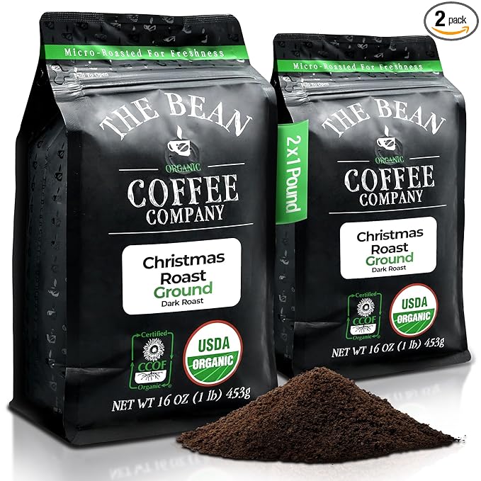 The Bean Organic Coffee Company Christmas Roast Dark Roast Ground Coffee 16-Ounce Bags (Pack of 2)Café molido tostado organico