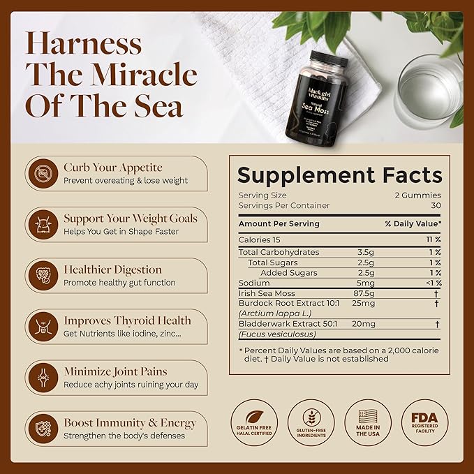 Black Girl Vitamins - Irish Sea Moss Gummies - SeaMoss + Bladderwrack &amp Burdock - 92 Minerals for Thyroid Metabolism and Immunity - Vegan Gluten-Free Halal (Mixed Berry 30 Day Supply)
