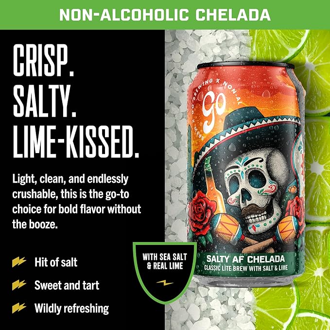 Go Brewing - Salty Lime AF Chelada Non Alcoholic Brew - Small Batch Brew w/Classic Ingredients - Low-CalorieLow Gluten Craft NA Beer - LightCrisp &amp Refreshing Lime Full Flavor Beer (12 Oz 12 Ca