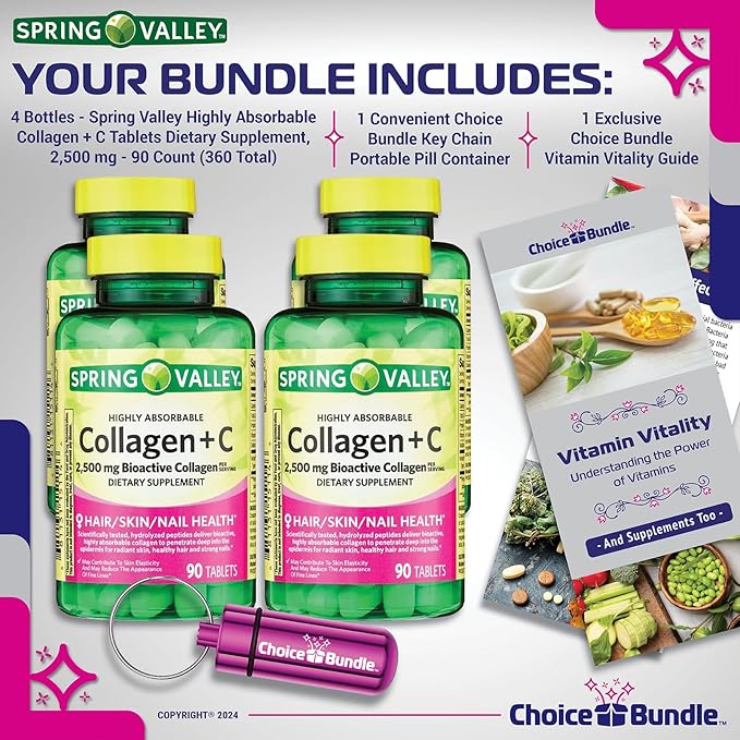 Spring Valley Highly Absorbable Collagen + Vitamin C Tablets Hair Skin Nail Health 2500 mg 90 Ct 4 pk (360 Total) + Vitamin Vitality &amp Pill Container (6 Items)!
